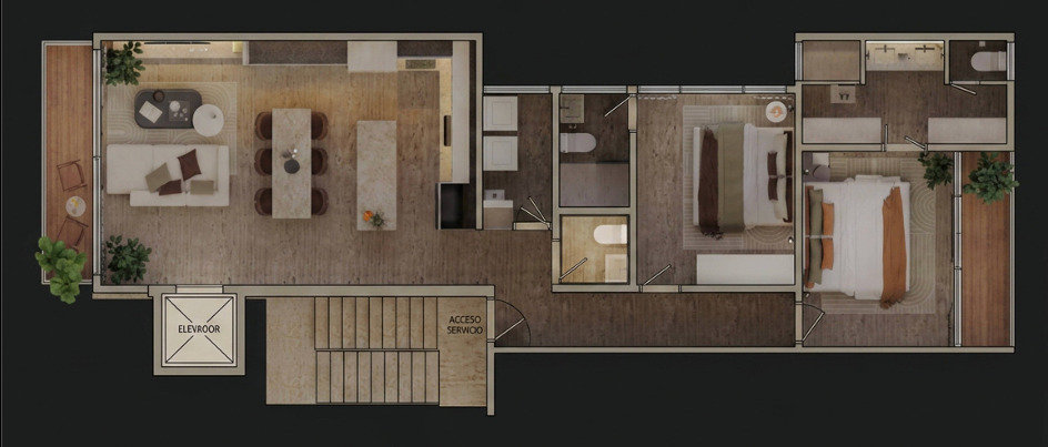 Plano arquitectónico de residencia de 105 metros cuadrados en Cielo by Casan Cancún