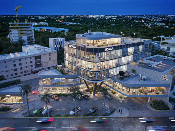 Exterior view of SCALA Lifestyle & Business Center commercial and office development on Av. Huayacán in Cancún