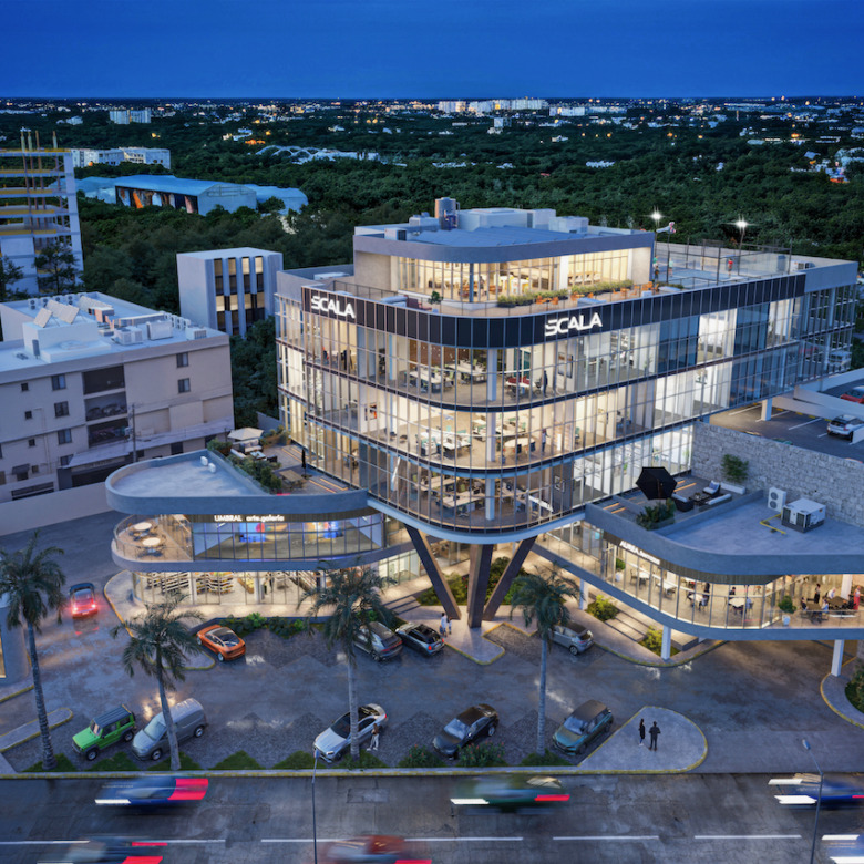 Exterior view of SCALA Lifestyle & Business Center commercial and office development on Av. Huayacán in Cancún
