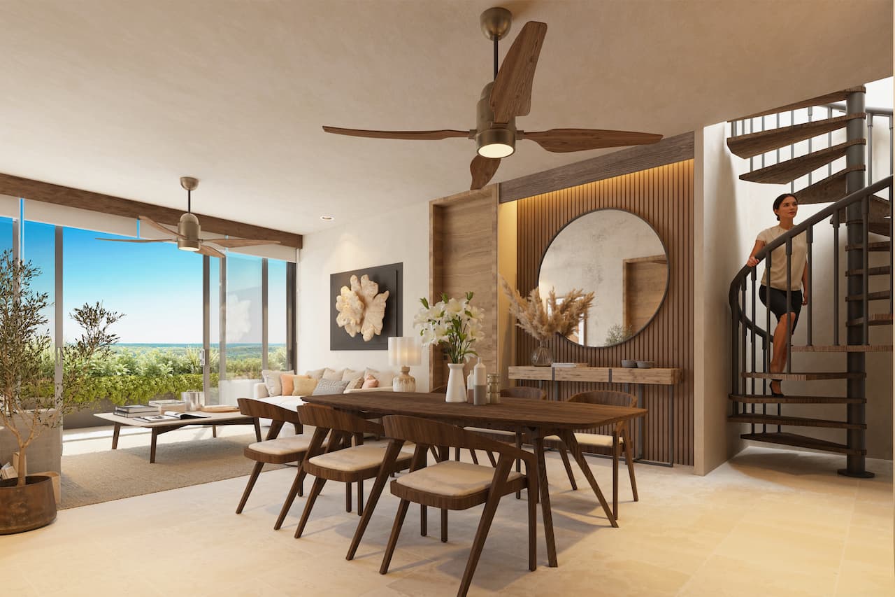Sala y Comedor: Comedor con escalera de caracol en residencia Kahatsa' Vacation Club