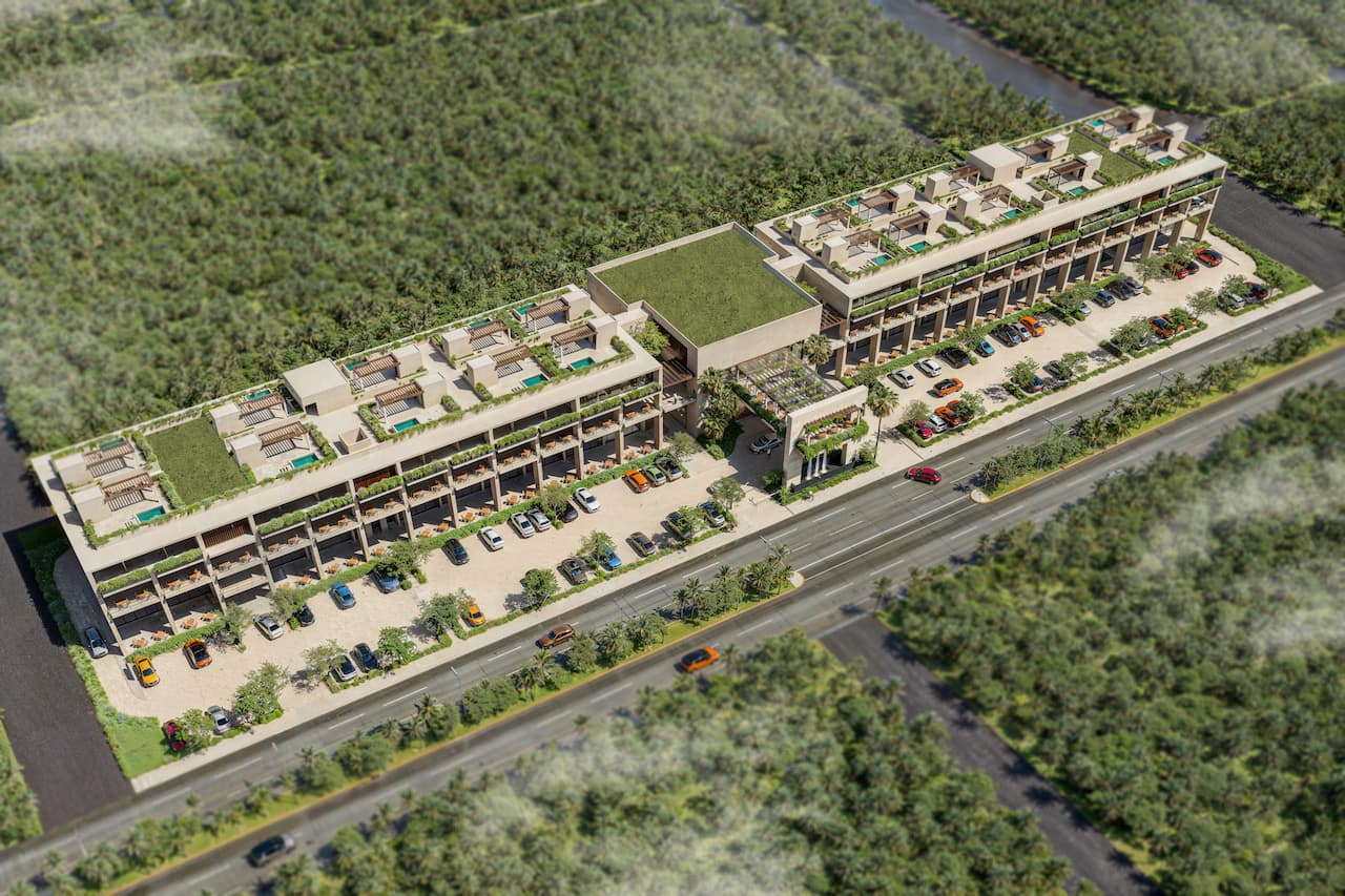 Vista aérea de Kahatsa' Vacation Club, desarrollo de 48 residencias fraccionales en Playa del Carmen
